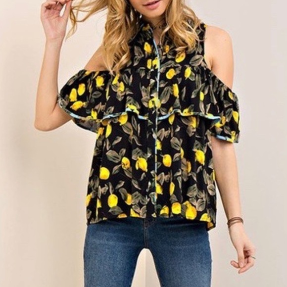 Entro NWT Off White Lemon Print Button Down Open Shoulder Ruffle Top - Picture 13 of 14